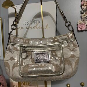 Coach Metallic Silver and Tan Sequin Shoulder Bag